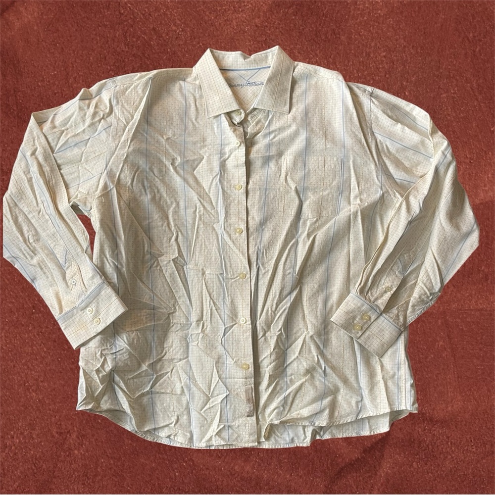 Tommy Bahama 100% Silk Button Down Shirt XXL Tall Cream Stripe